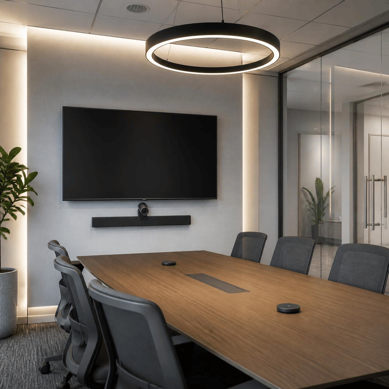 Modern meeting room with wall-mounted display and video conferencing setup