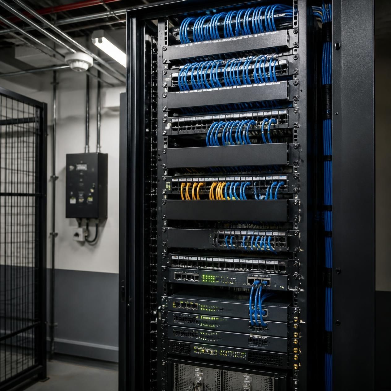 Wall-mounted network cabinet with patch panels and tidy cable management