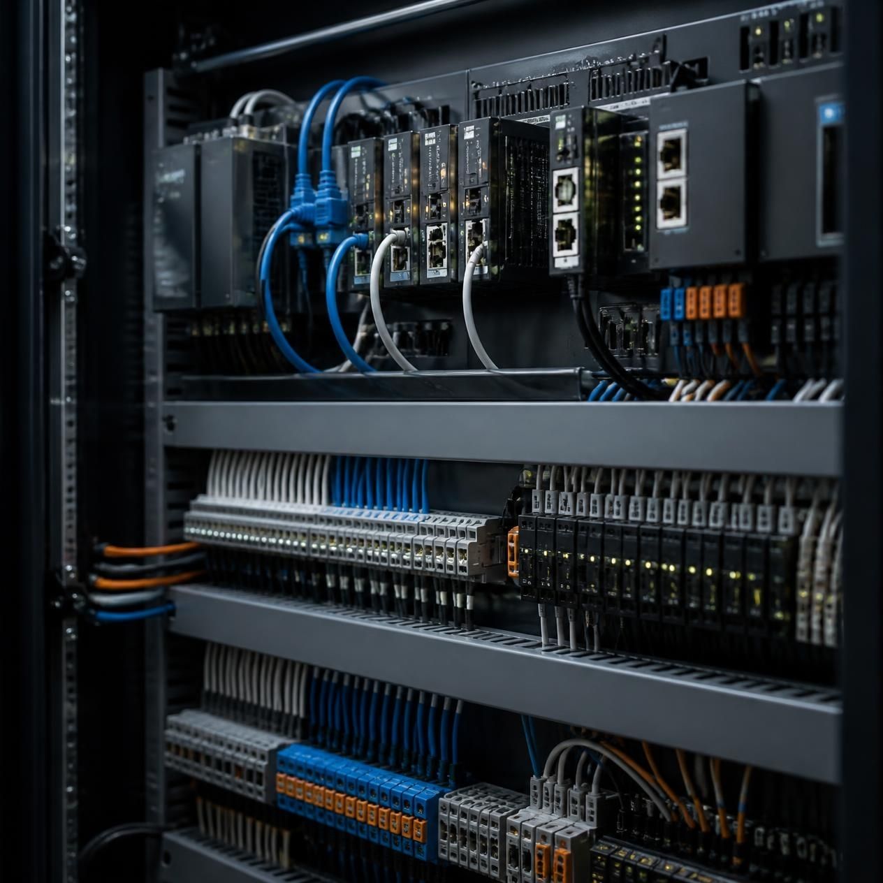 Structured cabling installation with neatly bundled Cat6 cables terminating at a patch panel