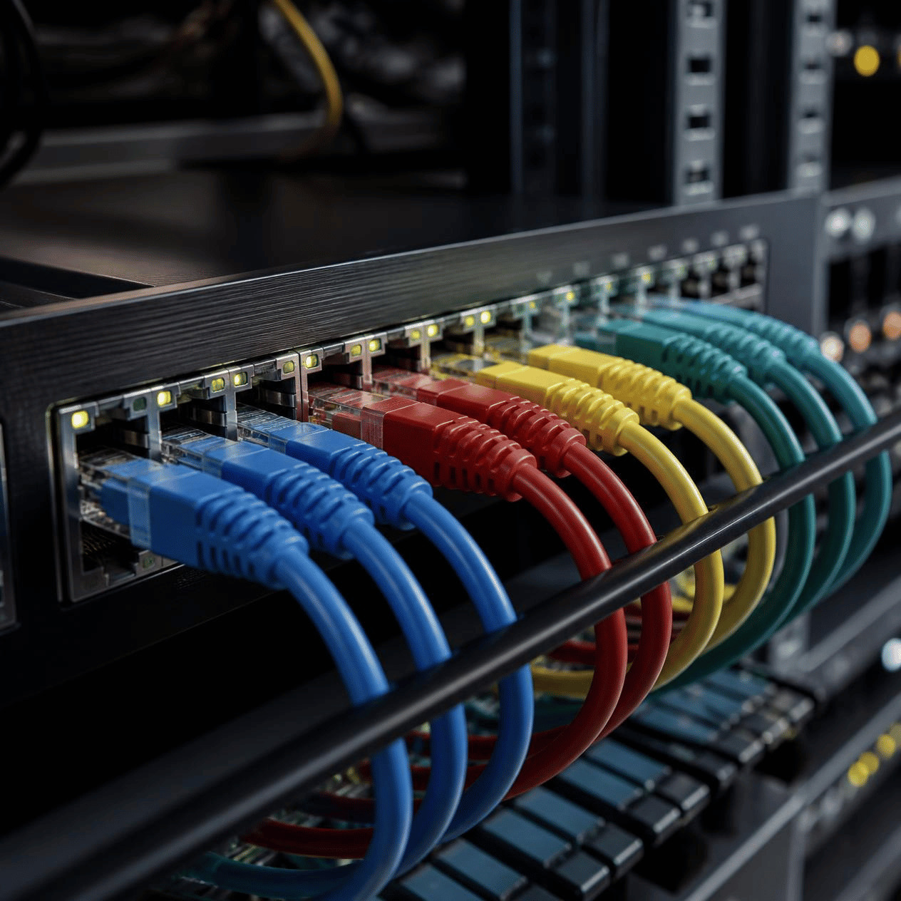 Cat6 patch cords connected to a network switch in a server rack