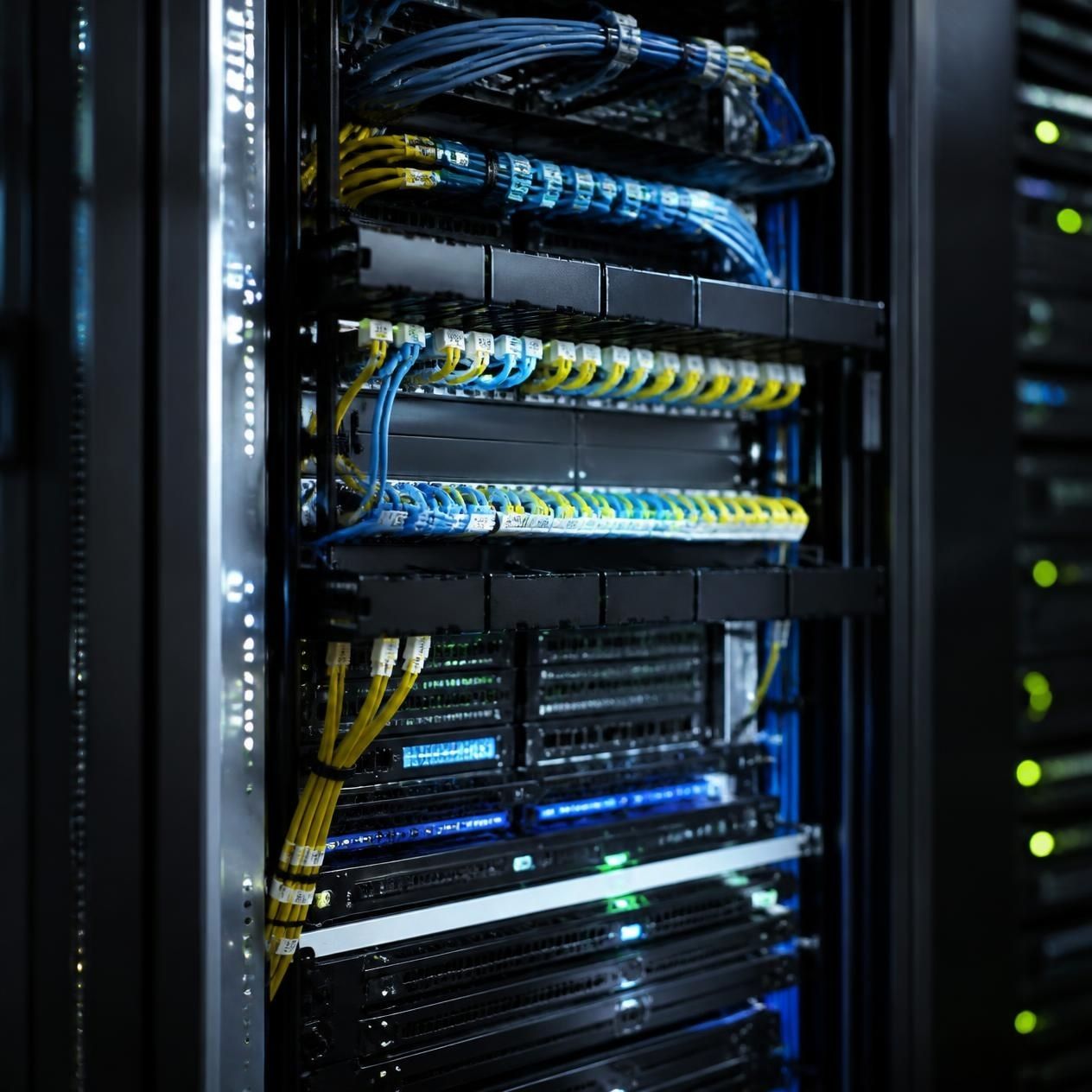 Data centre rack with organised cable management and patch panels