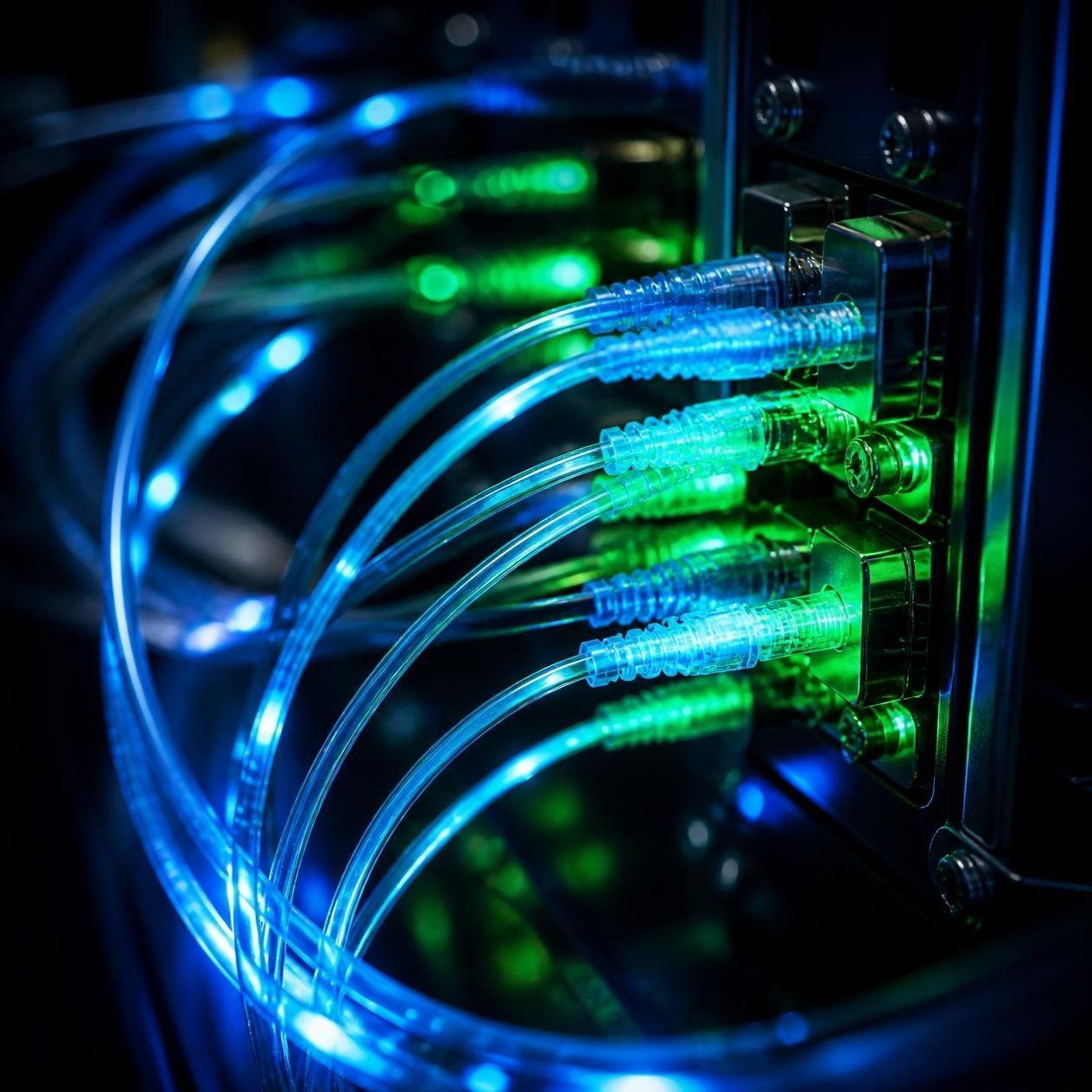 Illuminated fibre optic cables showing blue and green light transmission