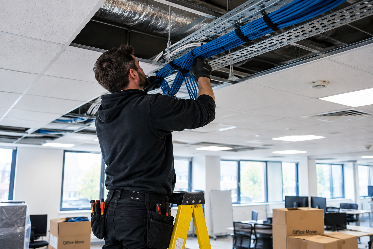 Technician installing data cabling in an office ceiling during an office move