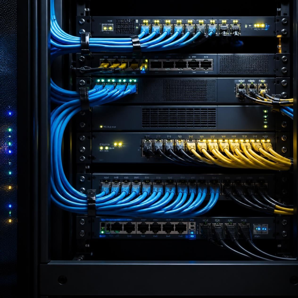 Server rack and comms cabinet installation with organised cabling and patch panels