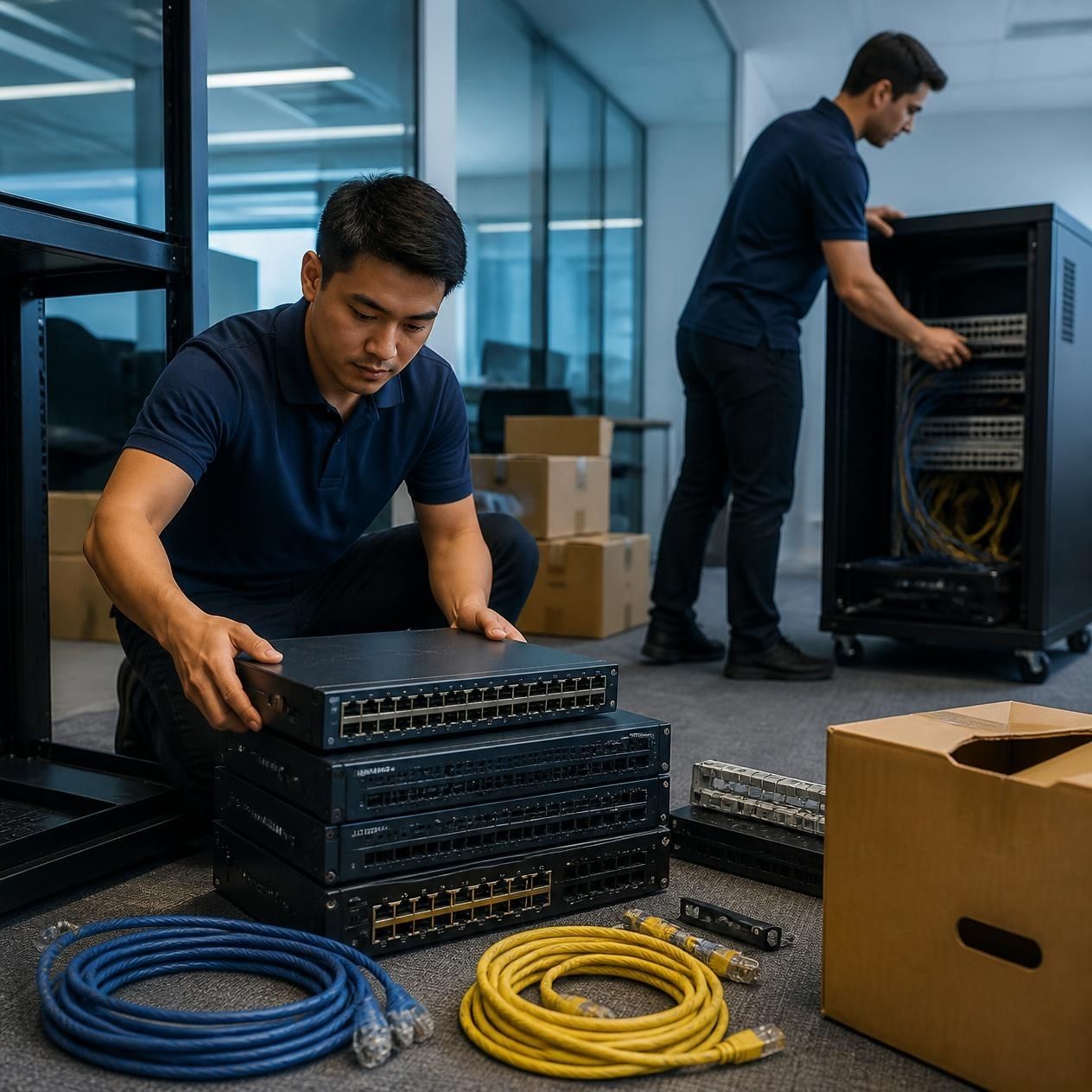 Technicians relocating office network equipment during an office move
