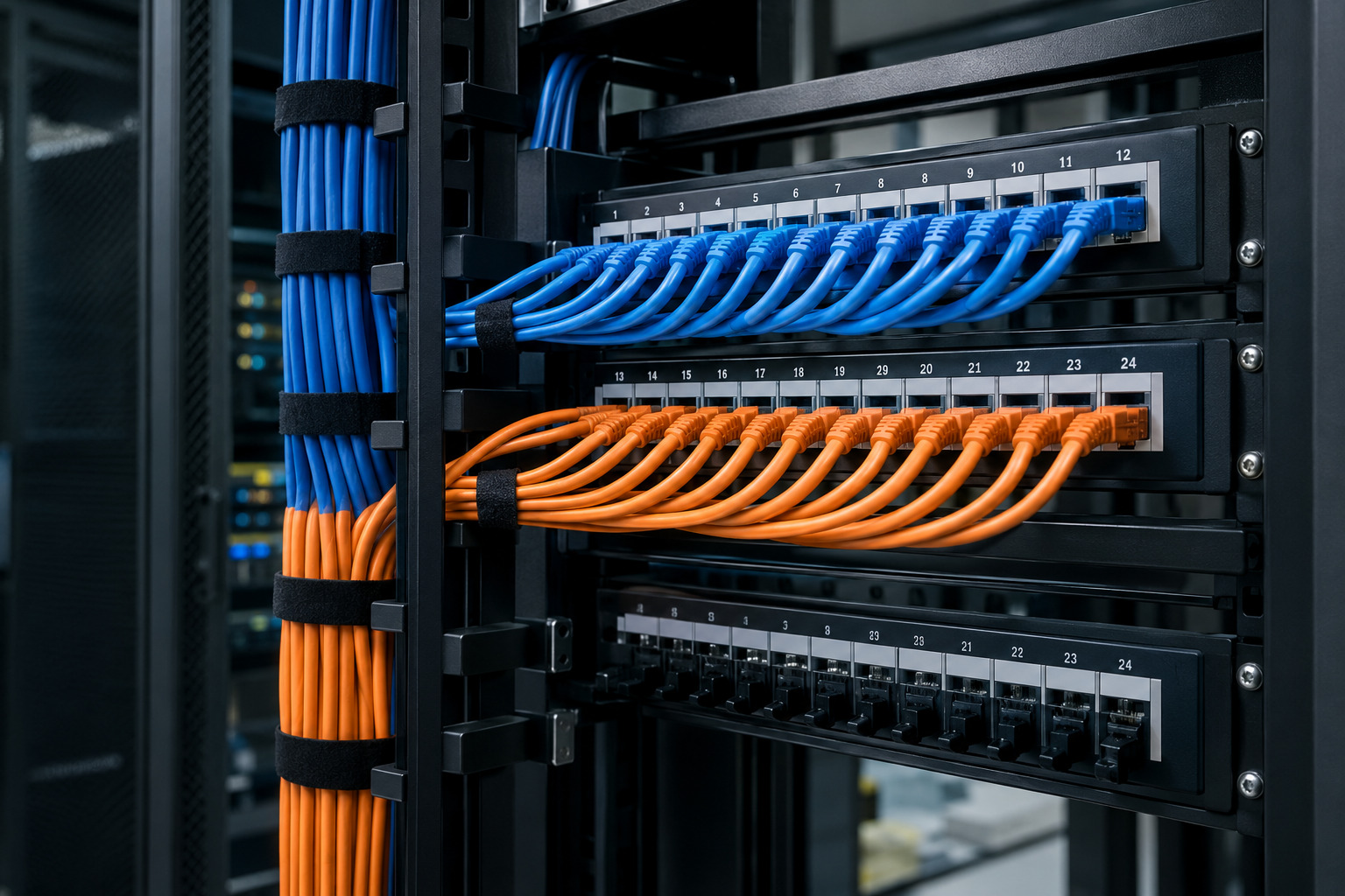 Structured cabling installation with neatly bundled copper cables terminating at a patch panel