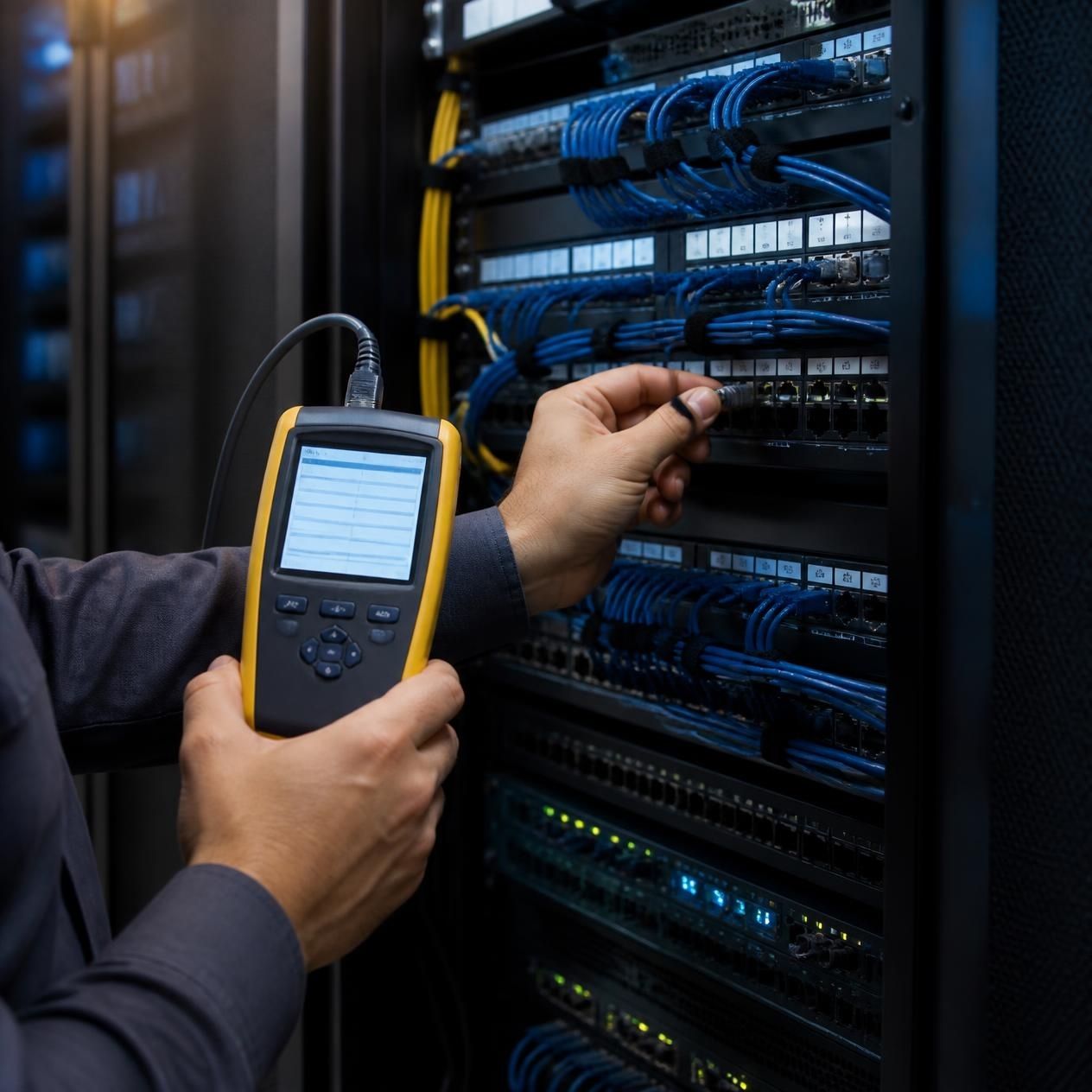 Network engineer testing cabling with a certification tester at a patch panel